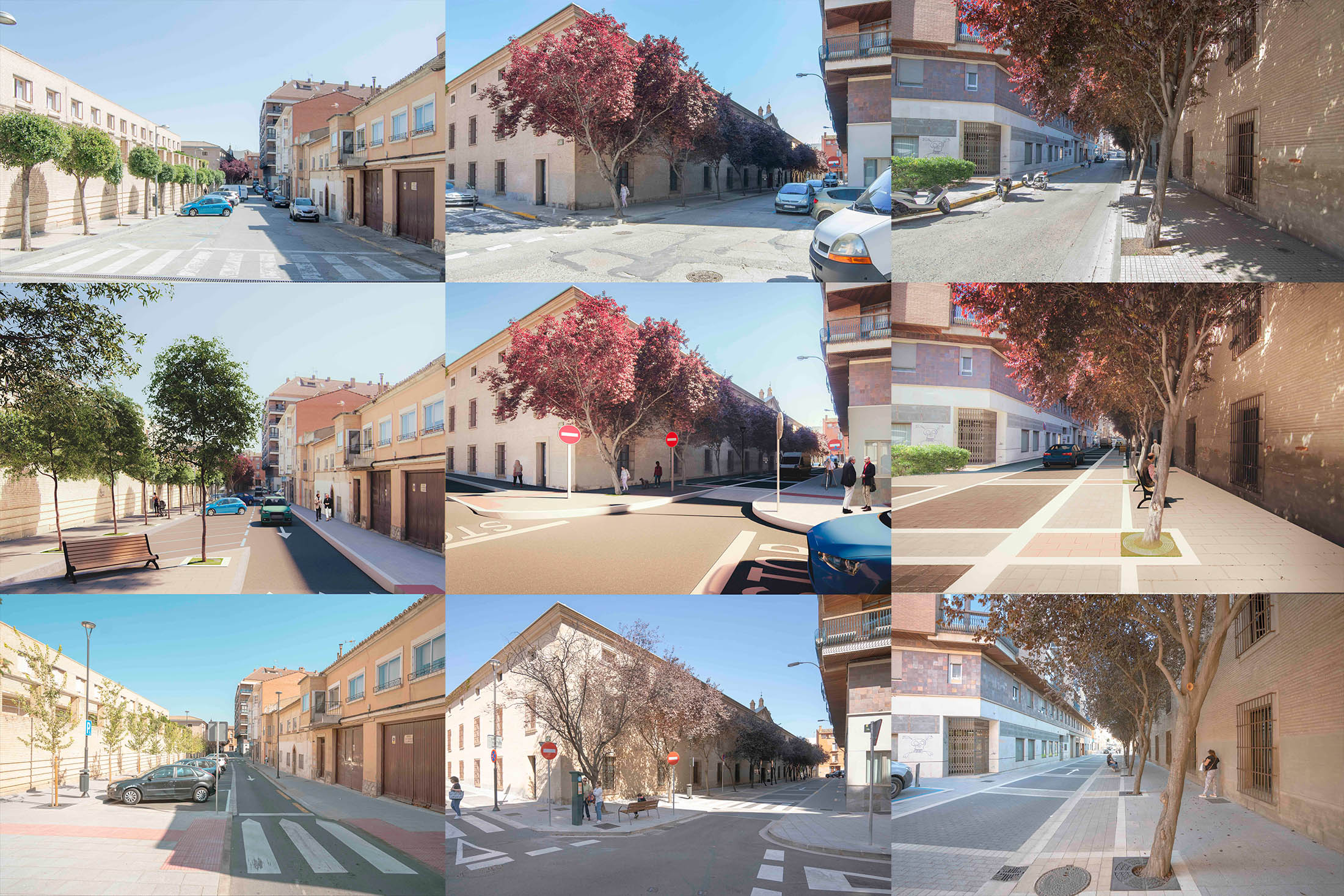 Collage mostrando el antes y el después de la reurbanización de calles en Tudela